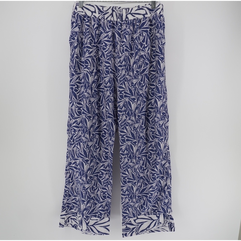 RipSkirt Hawaii Womens Large Blue White Tropical Leaf Print Wide Leg Pants Smock